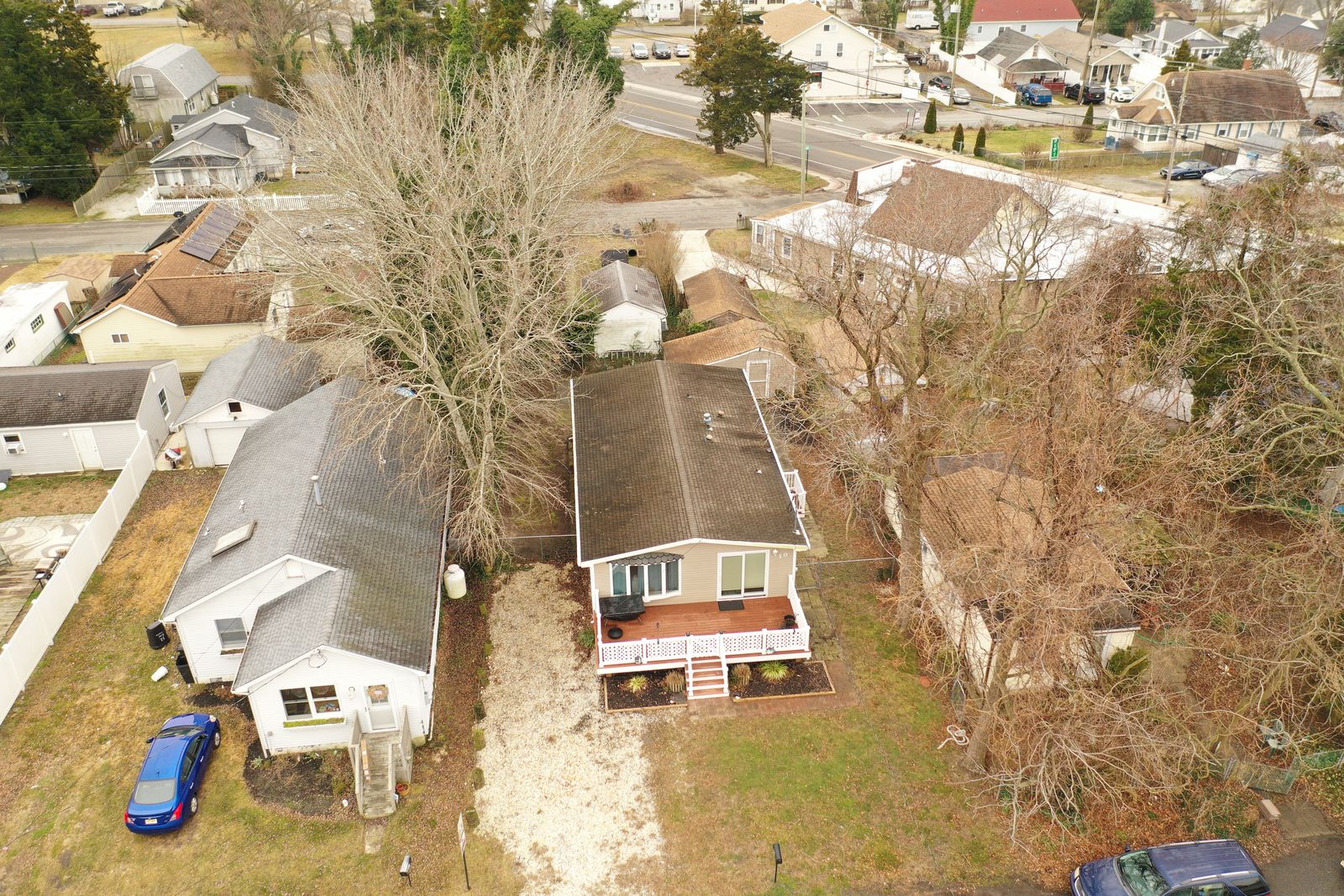 Drone aerial of the Villas NJ cottage and neighborhood