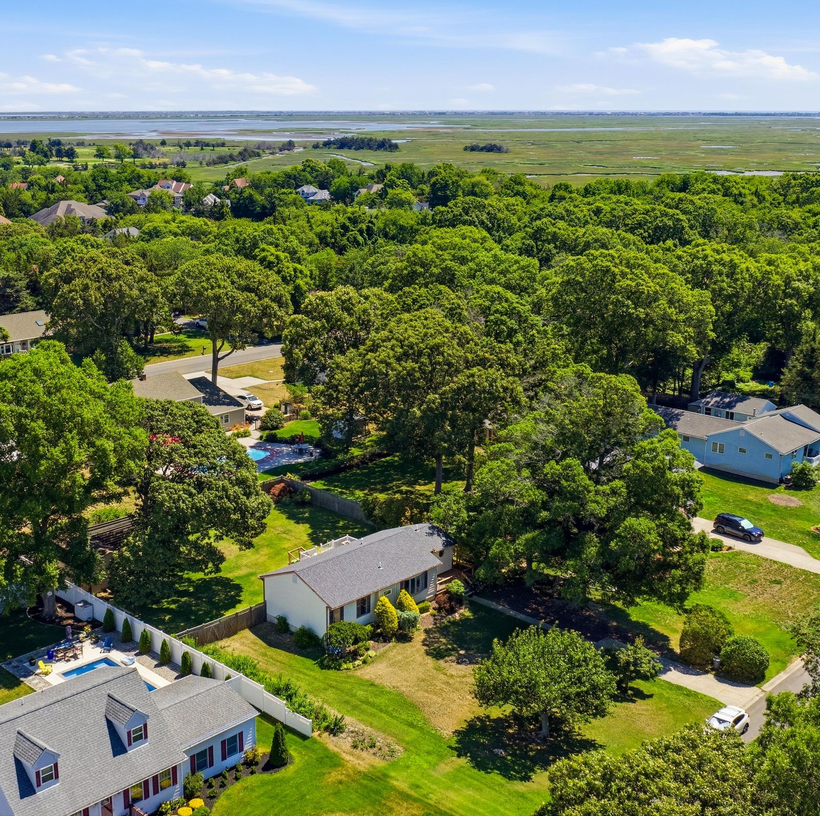 Drone aerial of a ranch home among tall trees with marshland on the horizon in Cape May Court House NJ