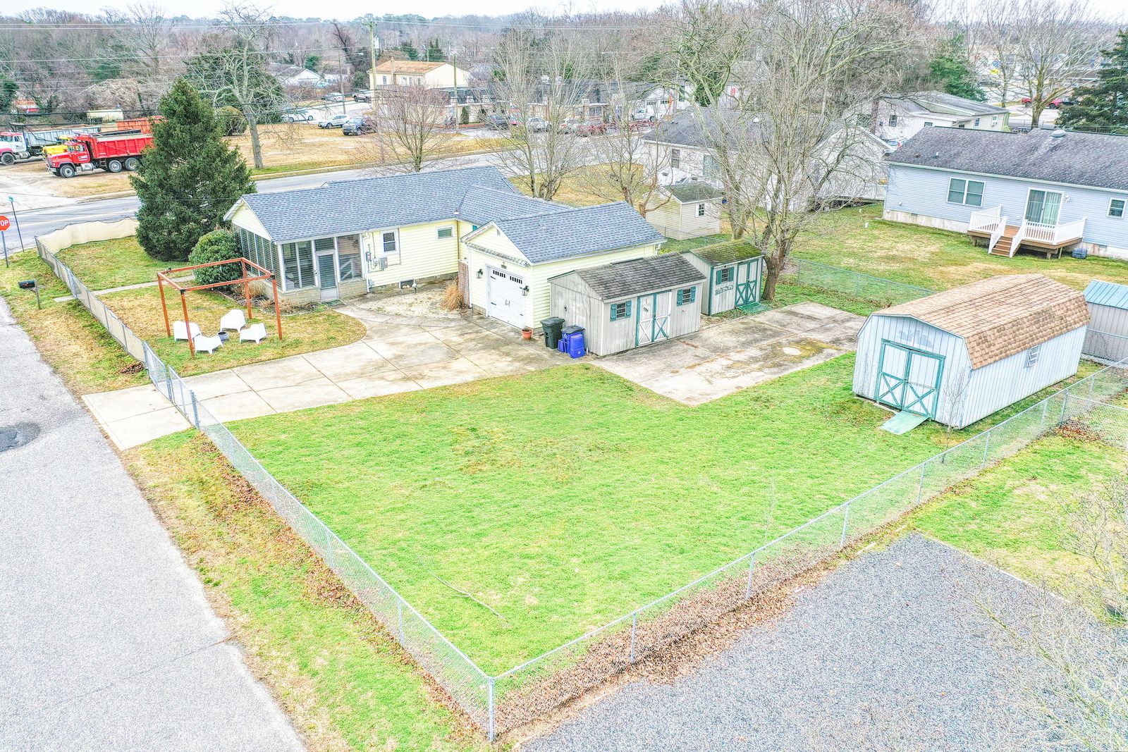 Drone aerial of the home, yard and detached garage