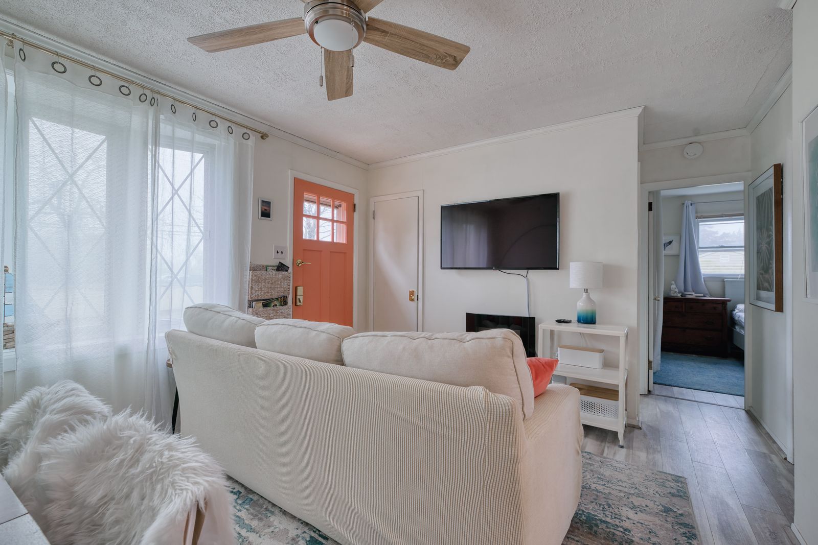 Living room with coral door and wall-mounted TV