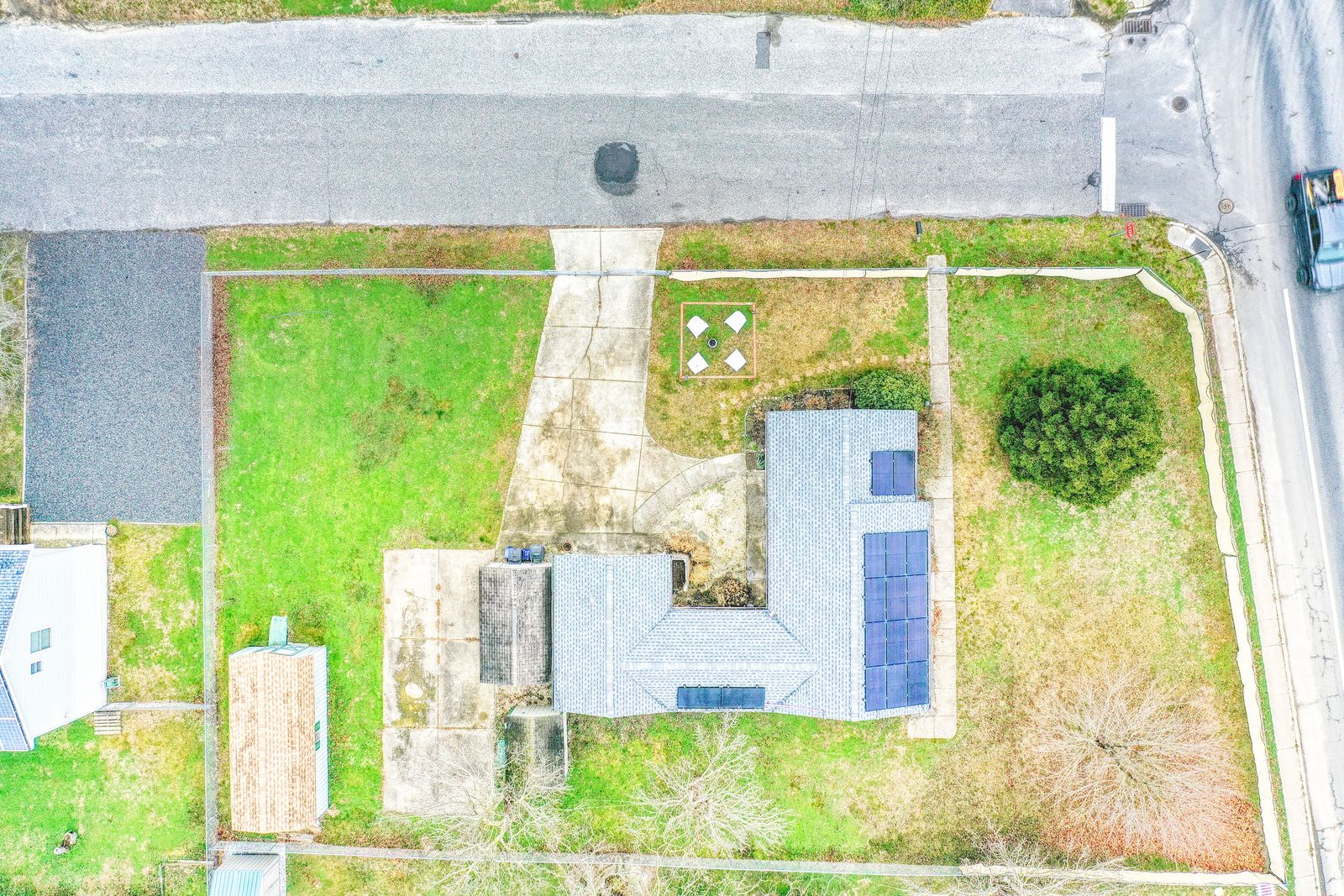 Top-down drone view of the Villas NJ corner lot