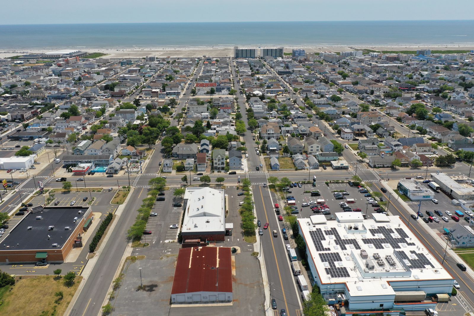 Aerial over Wildwood NJ toward the beach and ocean