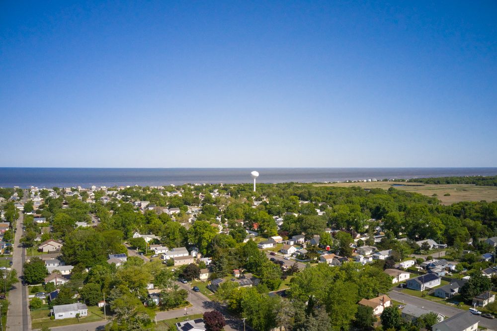 Drone aerial over Villas NJ toward the Delaware Bay