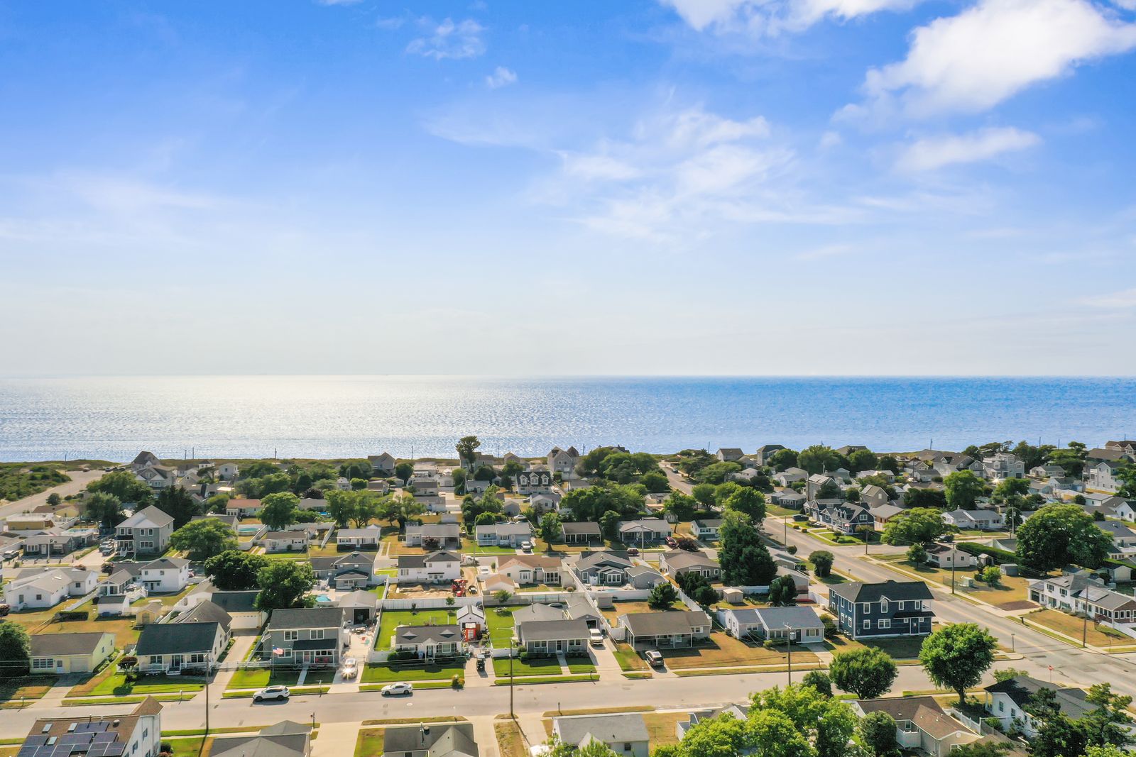 Drone aerial over North Cape May NJ toward the Delaware Bay