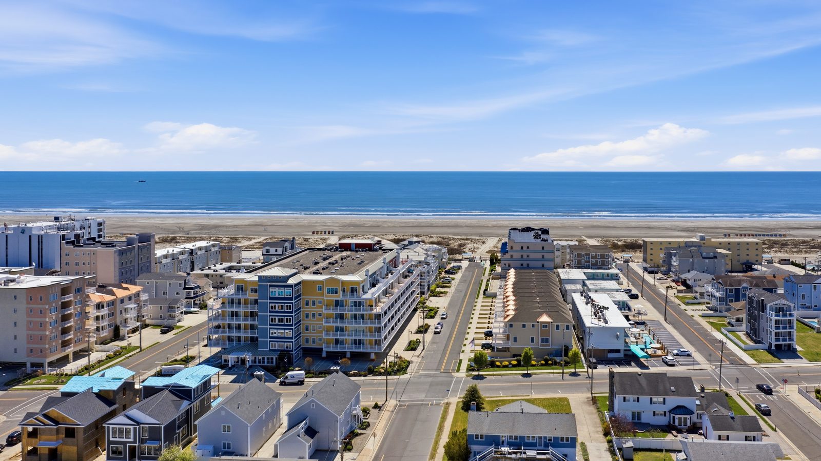 Aerial view of Wildwood beach, ocean and shoreline hotels