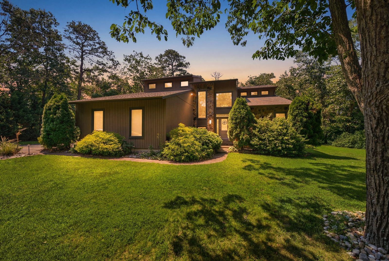 Mid-century modern home in Millville NJ photographed at twilight