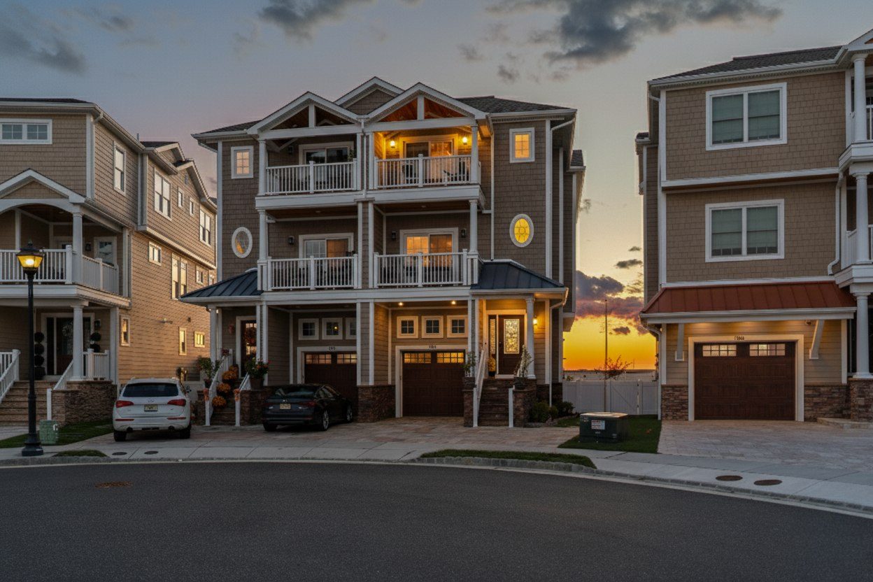 North Wildwood NJ townhomes glowing at twilight